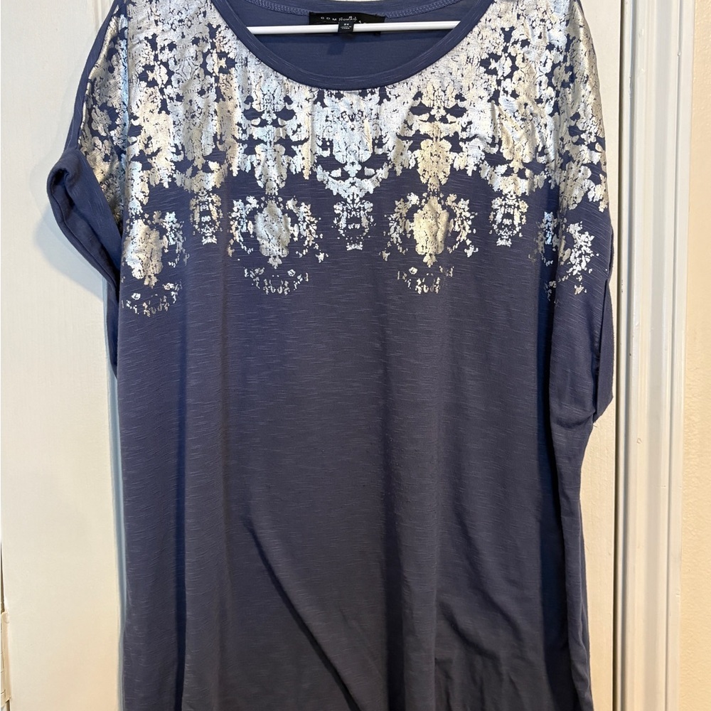 Blue Short Sleeve Tunic with Silver Foil Detail